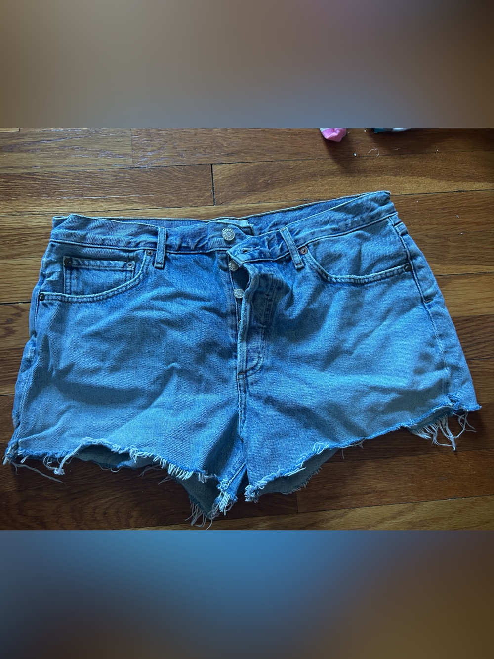 Agolde Light Parker Blue Frayed Hem Denim Shorts